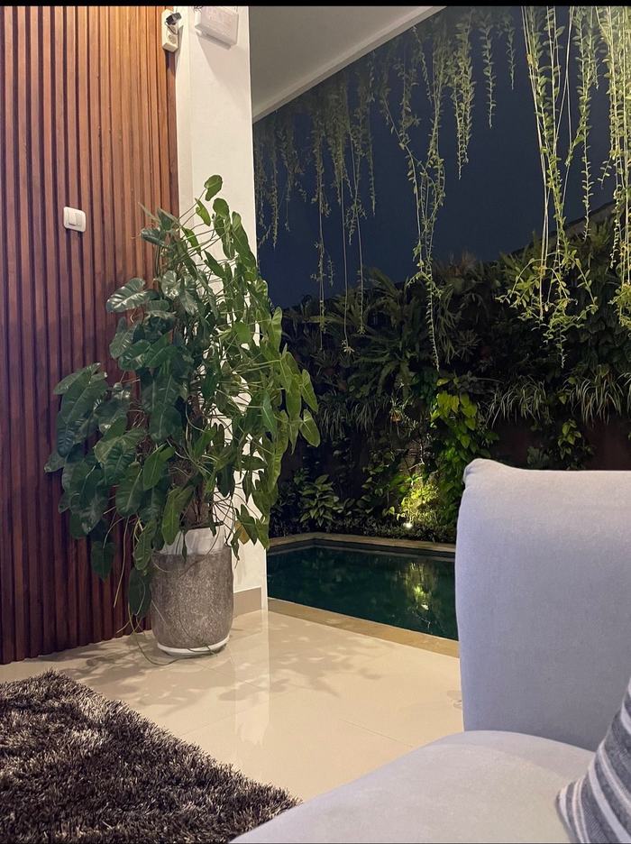 Indoor lounge with plush sofa looking out to the plunge pool at night